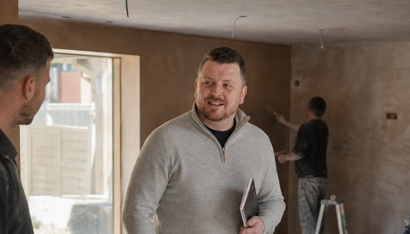 Adam Slee discussing work during a property renovation